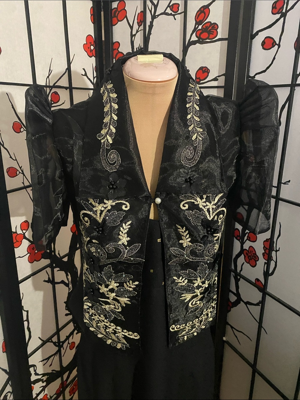 Embroidered Filipiniana Black Women's Bolero with Gold Floral Accents